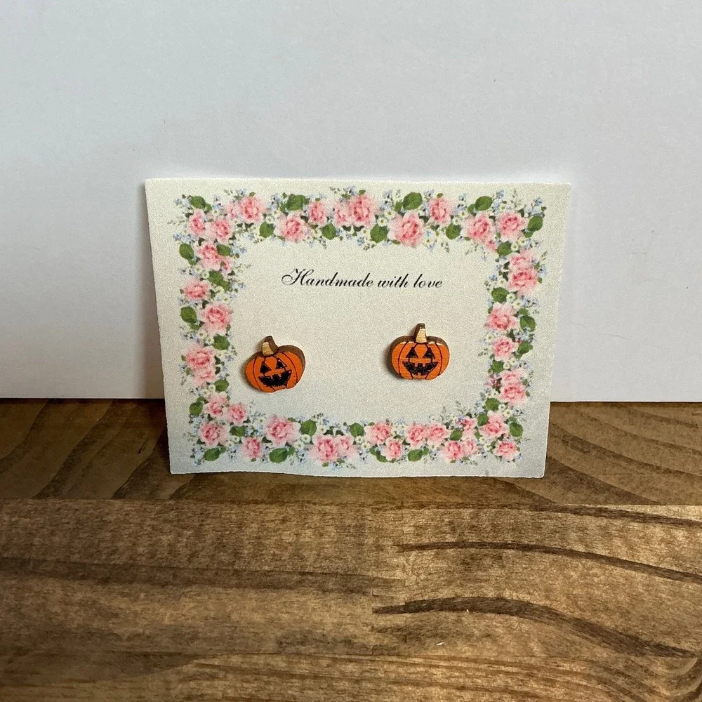 Handmade Pumpkin Stud Earrings Women OS Orange Wood Jack-O-Lantern Halloween